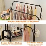Heavy Duty Clothing Garment Rack, Freestanding Hanger Double Rail Clothing Rack Multi-functional Bedroom Wardrobe Clothes Organizer Stand Double layer 2 Shoe Shelves