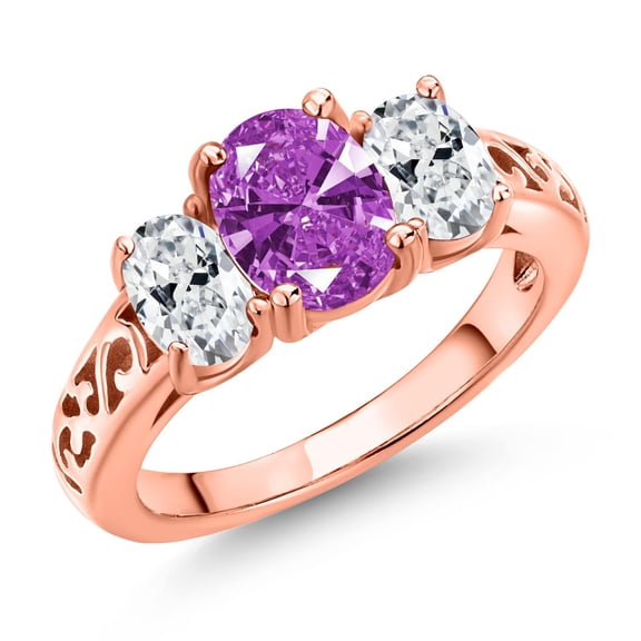Gem Stone King 18K Rose Gold Plated Silver Fancy Purple Zirconia and White Zirconia Filigree Style 3 Stone Ring for Women (2.07 Cttw, Oval 8X6MM and 6X4MM) (Size 9)