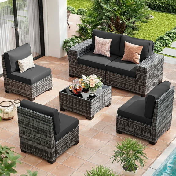 TECHMILLY 6-Piece Patio Furniture Set, Outdoor Patio Sofa Set With Wide Armrest, All-Weather Wicker Rattan Guest Set With Cushion And Glass Table And Waterproof Cover, Grey & Black