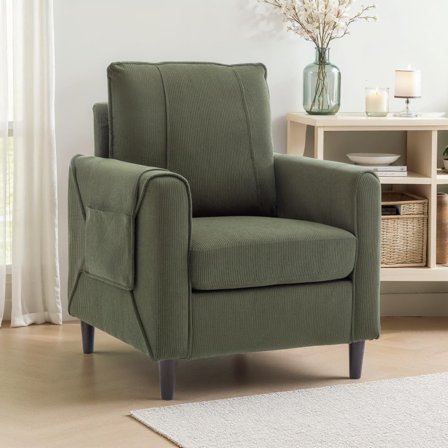 Accent Chair, Arm Chair for Living Room, Mid-Century Modern Upholstered Reading Chair, Comfy Club Chair with Side Pockets and Soft Cushion, Corduroy Fabric Sofachair for Bedroom