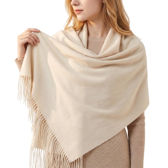 Women's 100% Wool Pashmina Style Wrap Scarf, Thick Soft Warm Winter Shawl, Oversized 27.5"x78.7" with Fringe for Office or Bridal Evening Wear