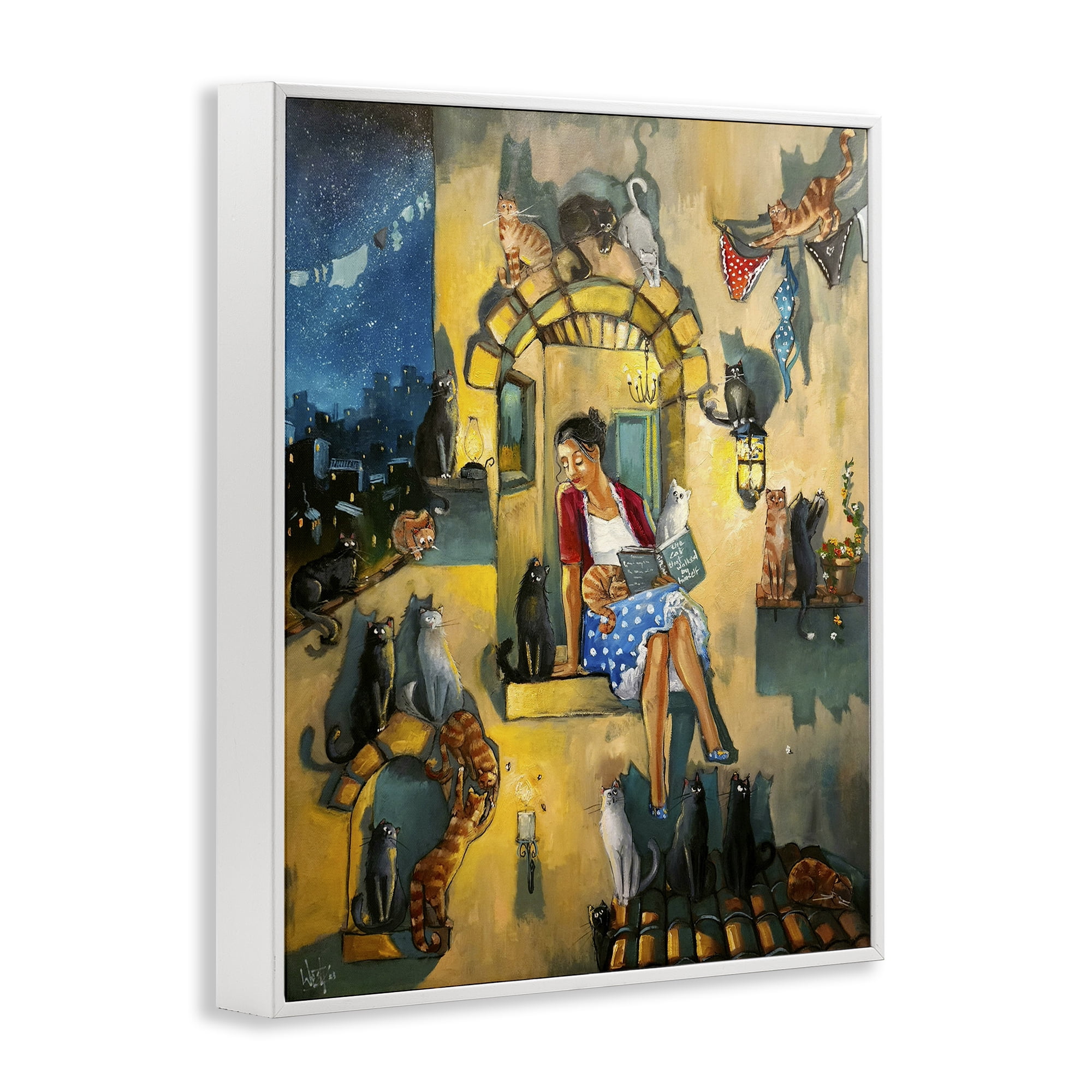 Stupell Industries Window Scene with Cats Town & City Painting White Framed Art Print Wall Art, 11 x 14