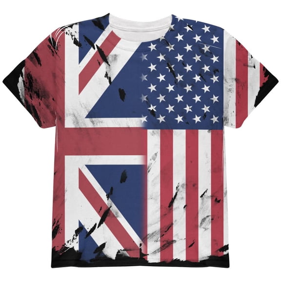 British UK American USA Flag All Over Youth T Shirt Multi YXL