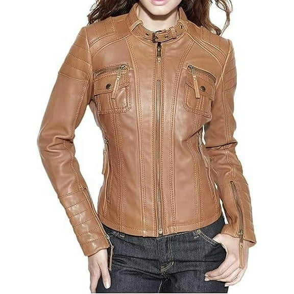 Women's Genuine Tan Lambskin Leather Jacket Motorcycle Slim fit Biker Jacket W658