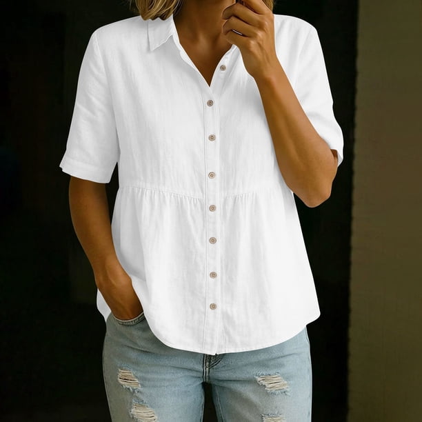 Craaazy Women's Loose Fit Collared Blouse, Solid Color Short Sleeve Button Down Shirt, Breathable Cotton Linen Casual Top for Daily Wear, Work & Weekend Gifts