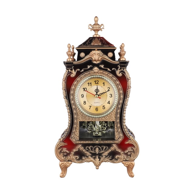 JINGT Table Clock Vintage Style Analog Display Clock Table Clock Vintage Design Brown+Red
