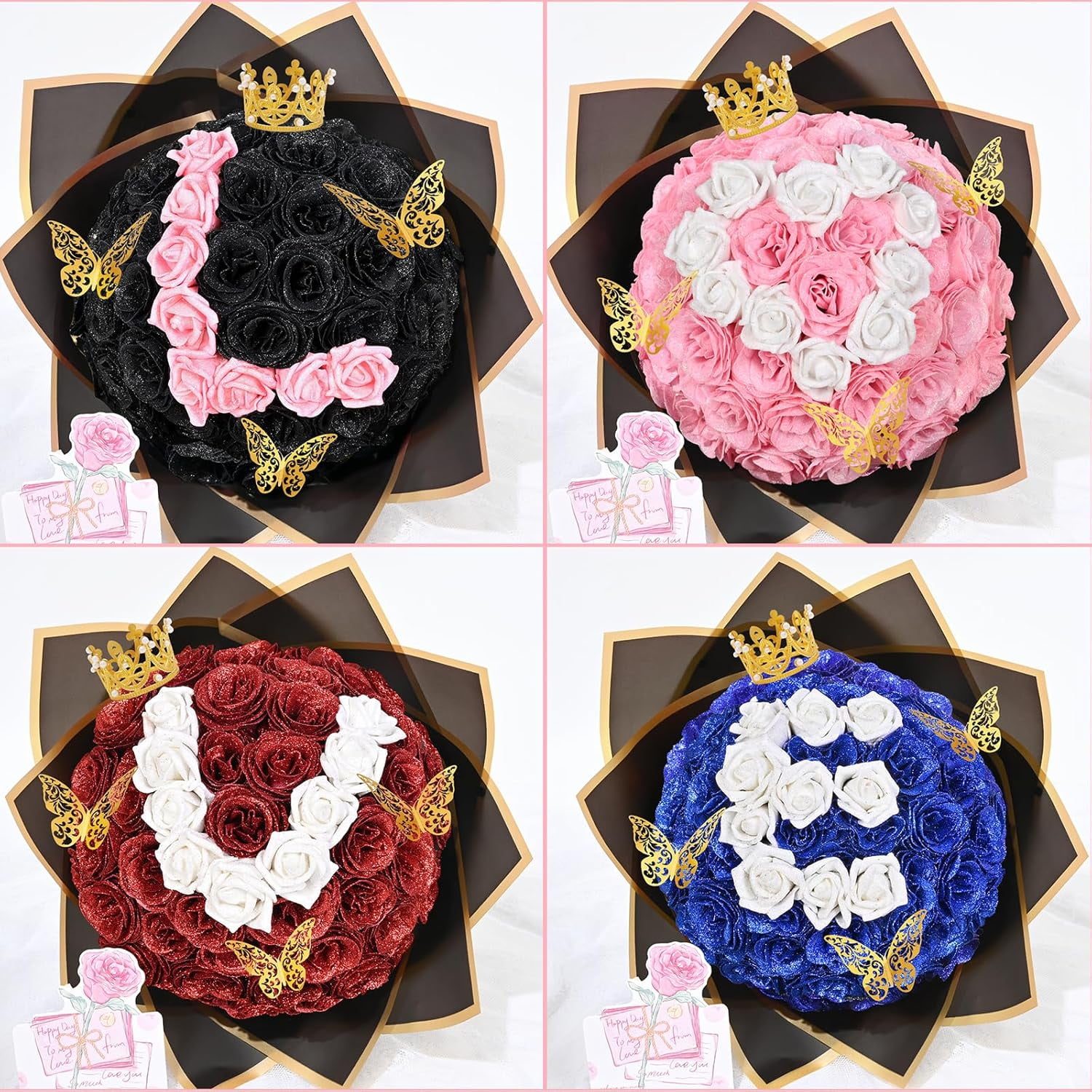 Waipfaru Pink Glitter Roses Bouquet,56pcs Artificial Roses Flowers,DIY Glitter Everlasting Rose Bouquet with Stem for Valentine's Day Anniversary(36 Pink&20 White)
