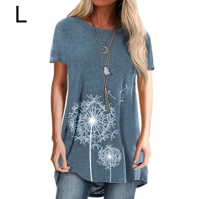 T-shirt Imprimé Casual Blouse Manches Courtes Femmes Col Rond Top, Bleu, L