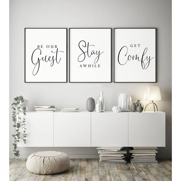 Wall Art 3 Pieces Be Our Guest Get Comfy Stay Awhile Poster Print Canvas Painting Guest Room Quote Artwork for Living Room Gust Room Decor with Wooden Inner Frame