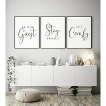 Wall Art 3 Pieces Be Our Guest Get Comfy Stay Awhile Poster Print Canvas Painting Guest Room Quote Artwork for Living Room Gust Room Decor with Wooden Inner Frame