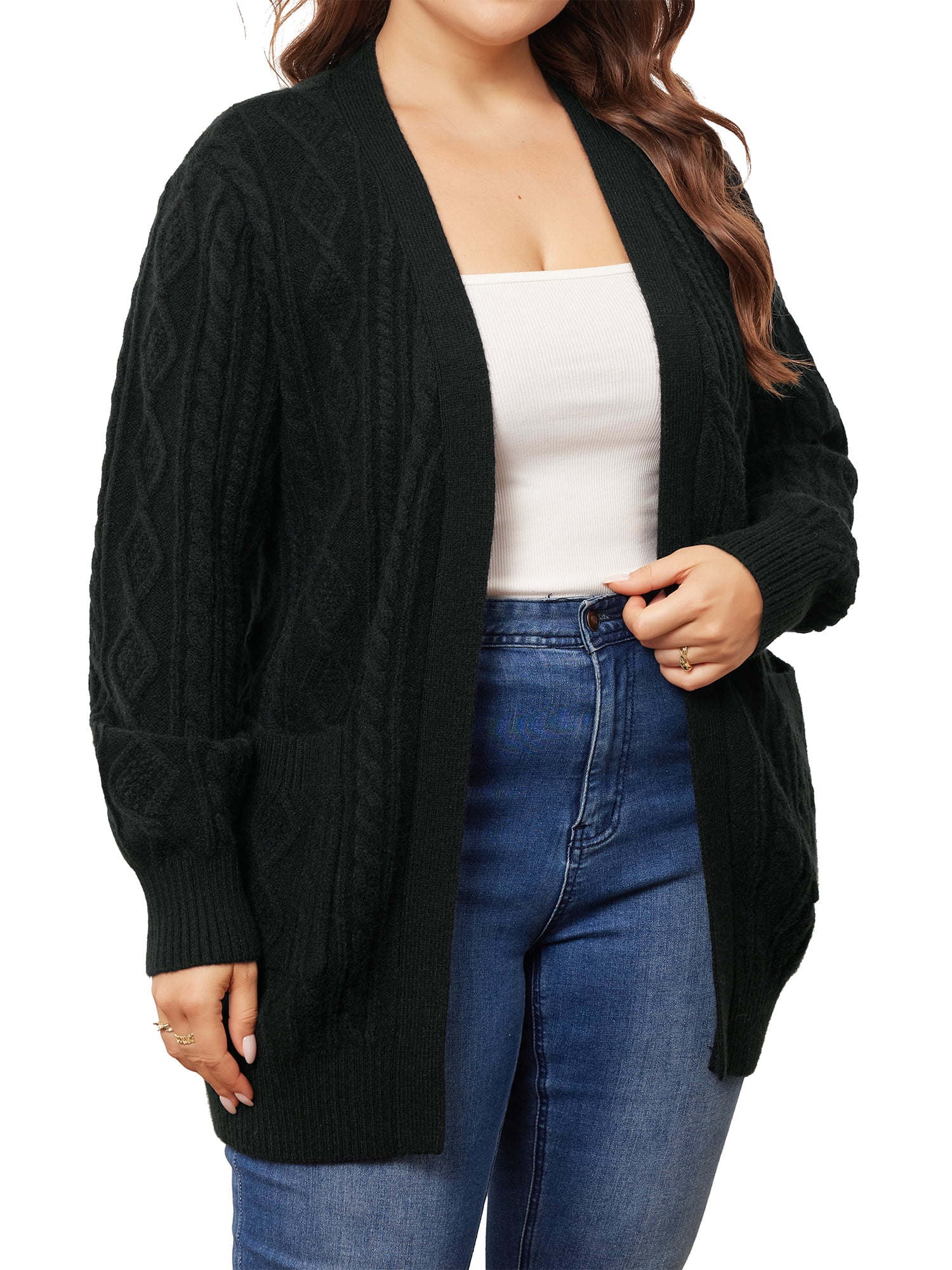 DARING DIVA Women's Plus Lightweight Long Sleeve Open Front Sweater 1X Black