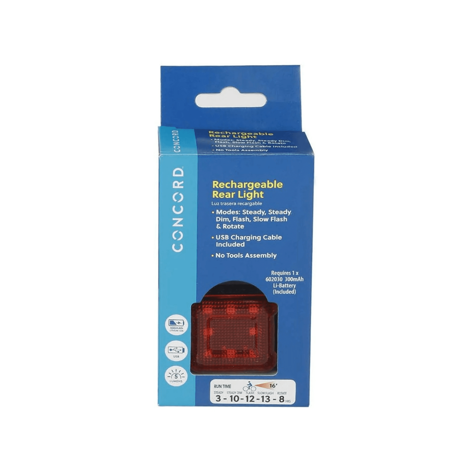 Concord Bikes Rechargeable Rear Bicycle Taillight, USB Charger