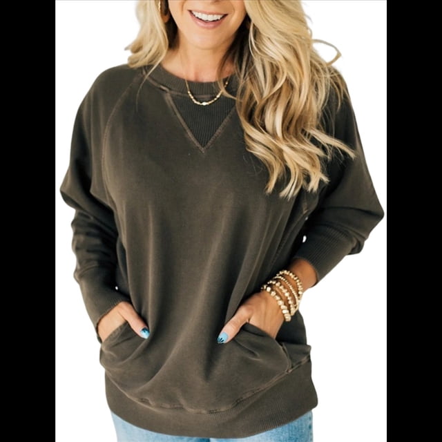 Sudadera Informal de Larga con Cuello Redondo para Mujer, Sudadera Holgada Marrón Oscuro XL