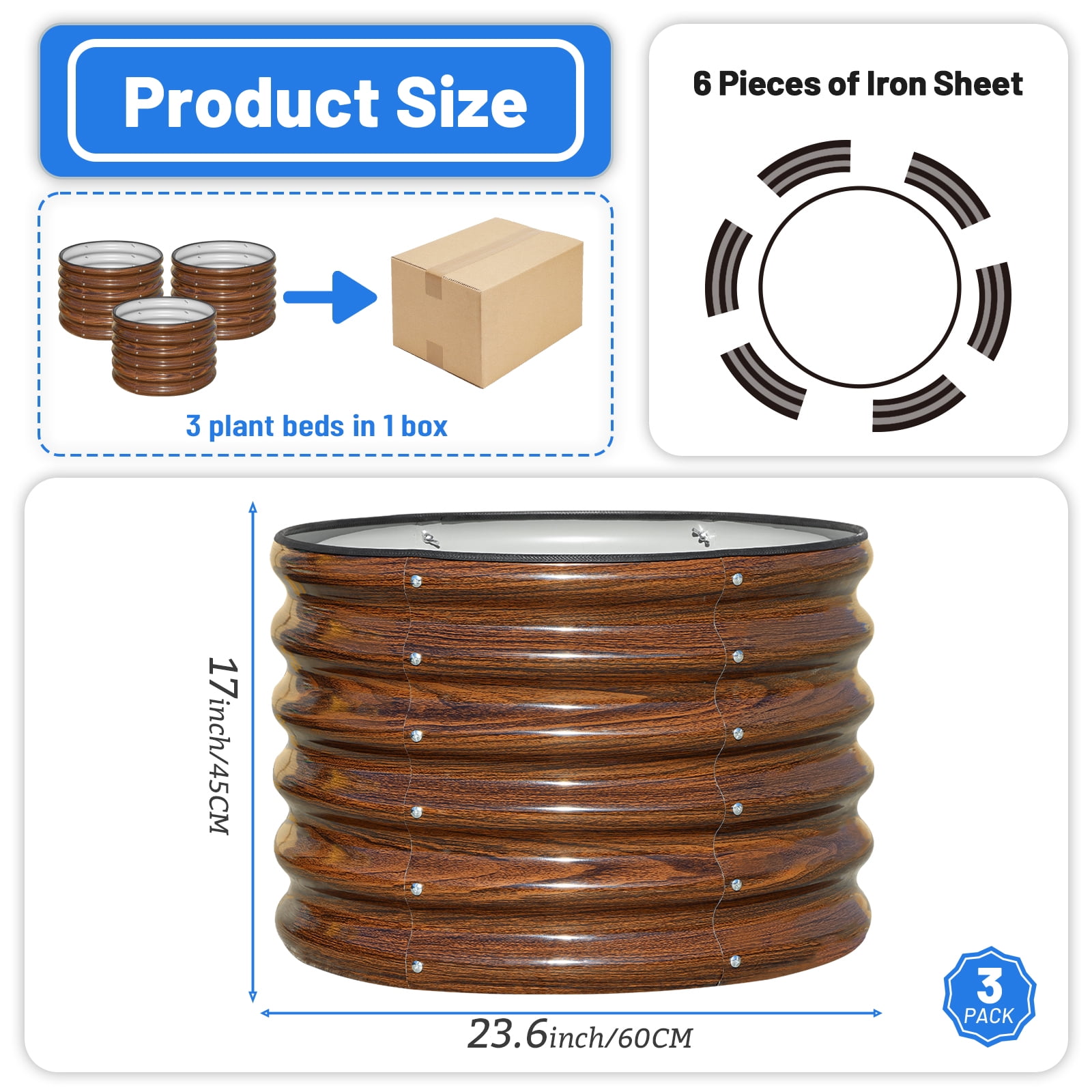 SnugNiture Raised Garden Bed Outdoor,  17" Tall 3-Pack 2x2 ft Galvanized Steel Garden Boxes for Vegetables, Herbs, Flowers, Brown