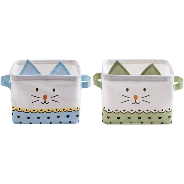 Set Of 2 Foldable Cotton Linen Storage Baskets Small Waterproof Storage Boxes For Organizing Toys Makeups Accessories - Cute Cat, Blue & Green