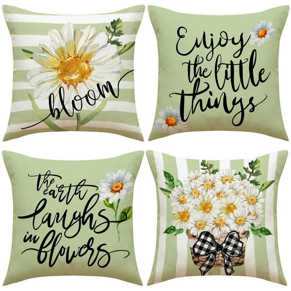 PRIYAL Hello Spring Green Daisy Throw Pillow Covers 18x18 Inches Home Decor Set of 4 Pillow Cases Decorative for Bed Sofa Cushion Couch Outdoor