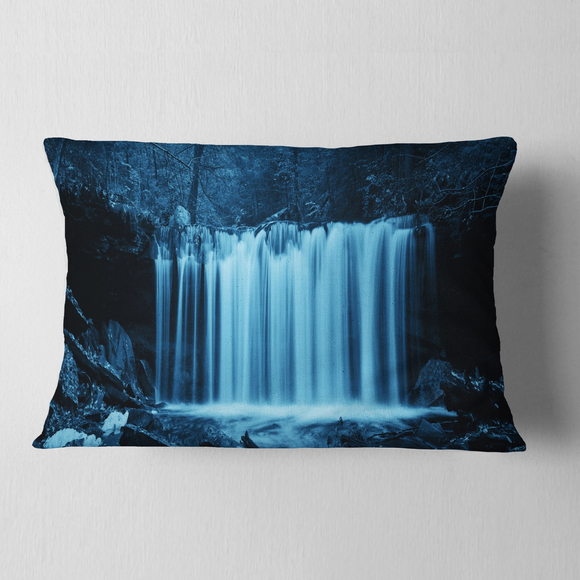 Designart Waterfalls in Wood Black and White - Landscape Printed Throw Pillow - 12x20