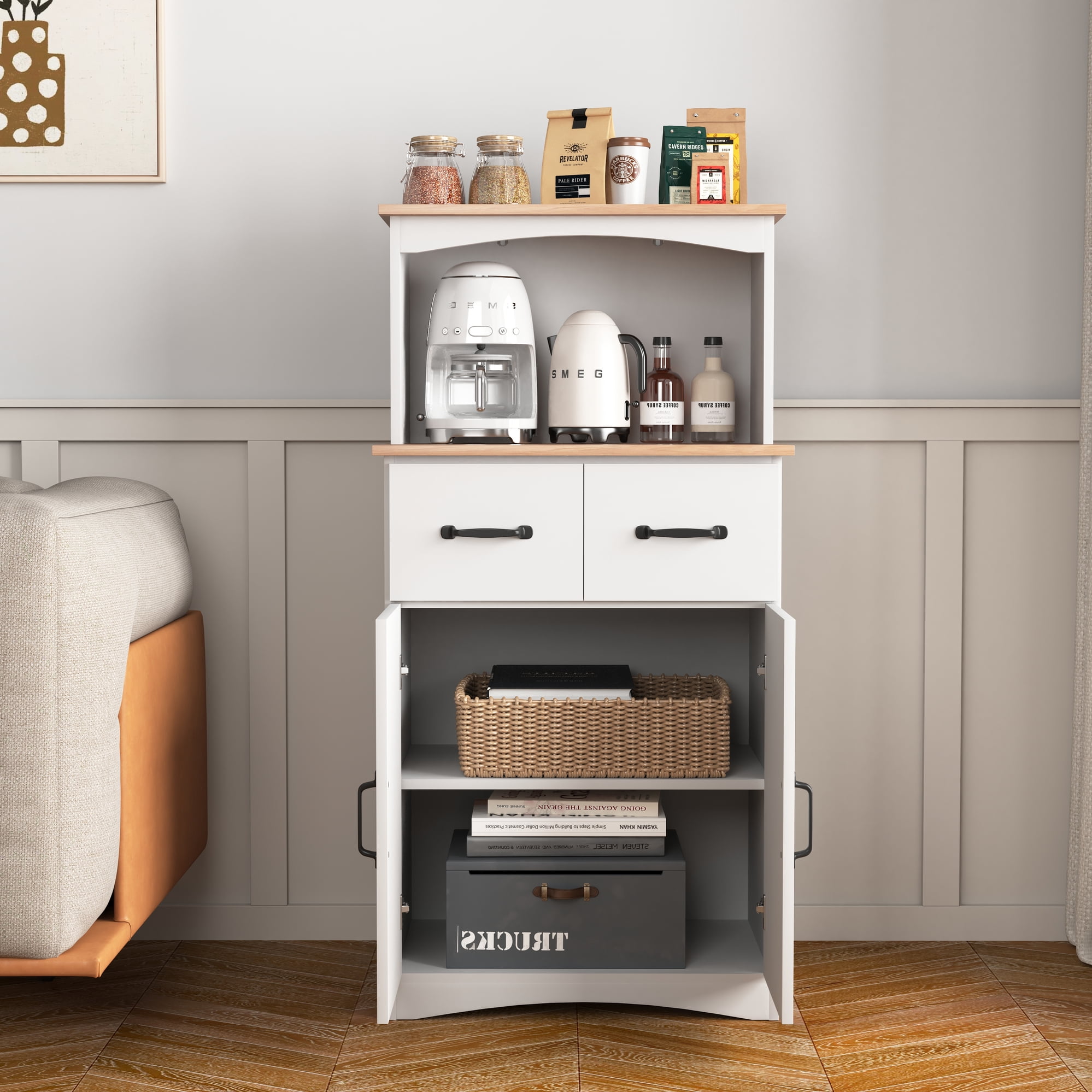 Noble House 49.4" Kitchen Pantry Cabinet with Microwave Stand, Drawer and Adjustable Shelf, White