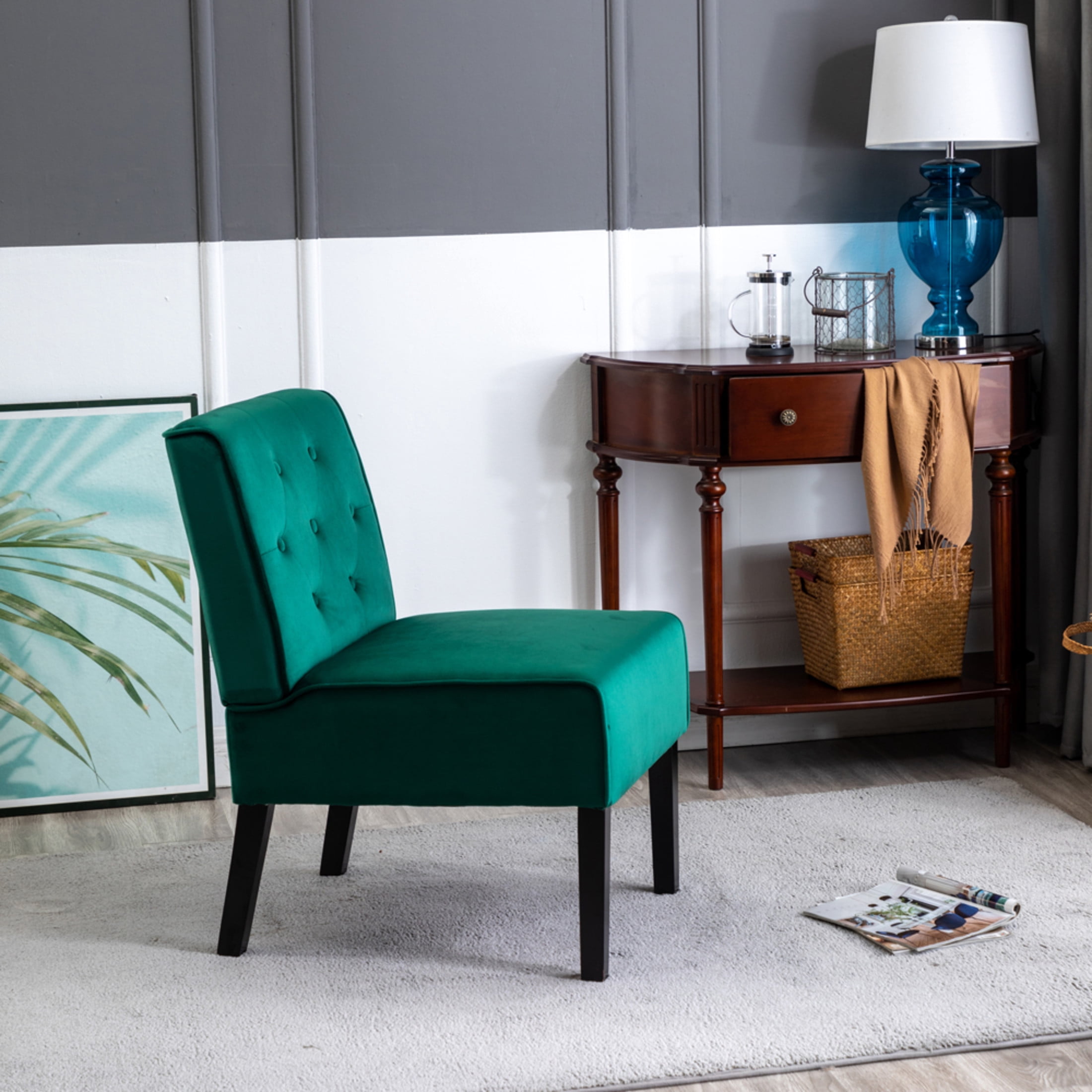 GDF Studio 21" Modern Accent Chairs Set of 2 with Button Tufted Velvet Upholstery, Tapered Wood Legs, Green