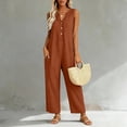 thumbnail image 5 of Womens cotton linen Jumpsuits One Piece Overalls Button Down Sleeveless Wide Legs Rompers Solid Color Casual Daily Jumpsuits with Pockets, 5 of 8