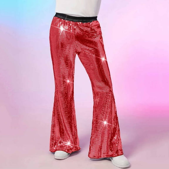 SYMOID Men's Red Sequin Flared Pants Size XL - Stretchy Nylon-Spandex, Sparkly Retro 70s Disco High Waisted, for Halloween/Parties/Stage/Club Nights