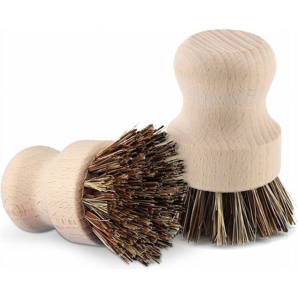 Protege el condimento de hierro fundido antiadherente, cepillo para fregar de hierro fundido, forma ergonómica para un agarre cómodo, cerdas de nailon densamente compactas para aflojar los residuos