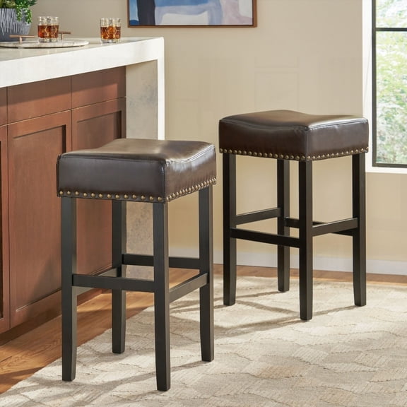 30-inch Backless Brown Faux Leather Counter Stools (Set of 2) - Modern Style with Durable Hardwood Frame