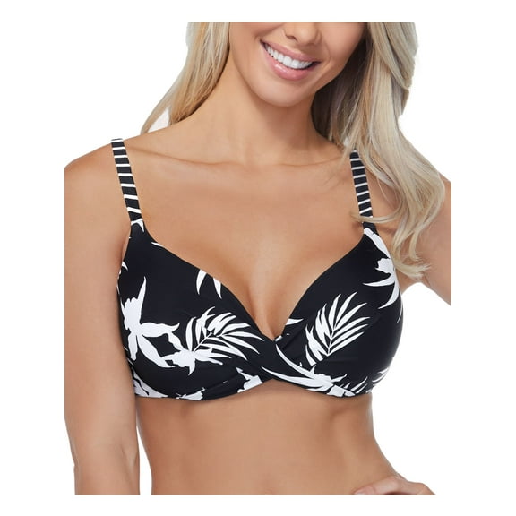 ISLAND ESCAPE Women's Black Tropical Print Stretch Full Bust Support Lined Sweetheart Neck Adjustable Hawaii Gardens Underwire Swimsuit Top 16