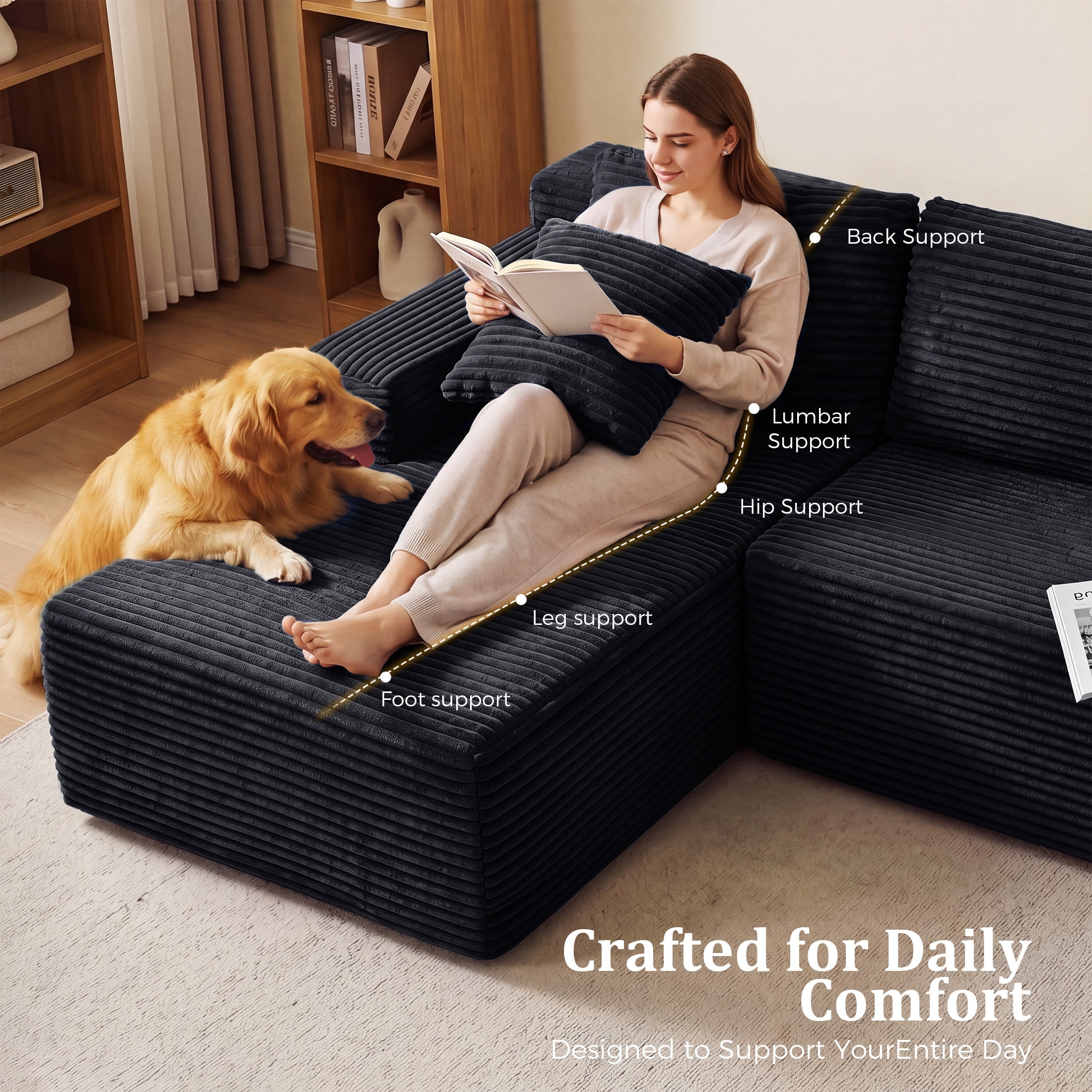 Aenkyo 95 Inch Corduroy L-Shaped Modular Sectional Sofa, Left Chaise, Black