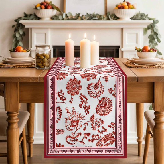 Table Runners 36 Inches Long Dress Scarves, Red Floral Farmhouse Kitchen/Dining Table Decor Table Runner, Short Coffee Tablerunners, Vintage Flowers Botanical Farmhouse Greek Key 13x36 Inch