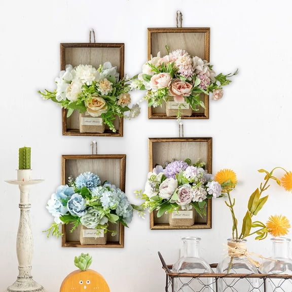 Hanging Flower Wall Decor, Imitation Peony Hydrangea Pothos in Wooden Frame for Living Room Bedroom Office Home, Water-resistant Faux Plant Display, Vsgery