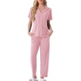 thumbnail image 2 of INSPIRE CHIC Women's Pajama Set Button Down Soft Short Sleeve Sleepwear Long Pants 2 Piece Lounge Set M Grey Pink, 2 of 6