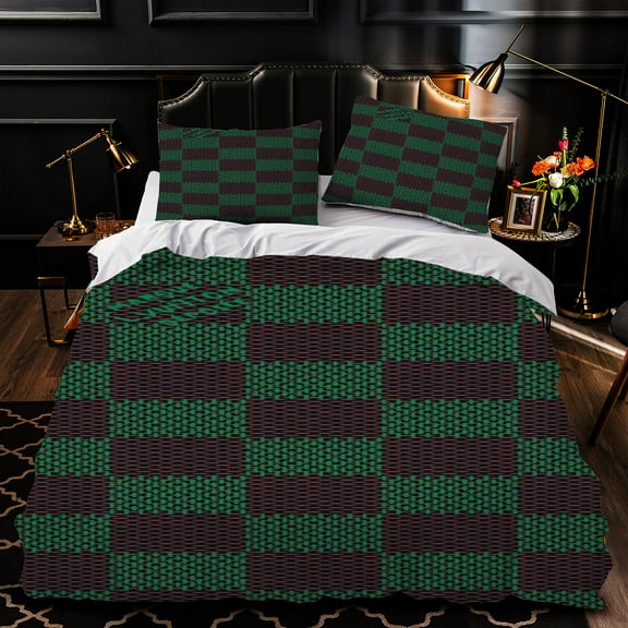 3-Piece Green and Black Checkered Duvet Cover Set - Stylish Modern Bedding for Cozy Bedrooms