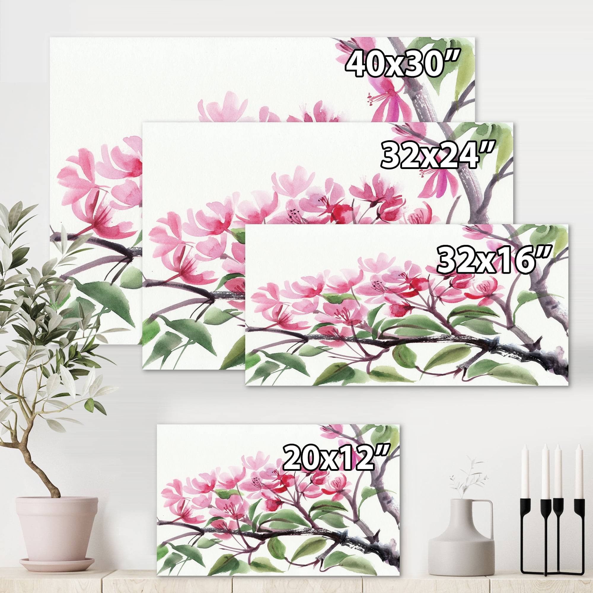 Designart ' Pink Blossoming Floral Tree ' Traditional Canvas Wall Art Print