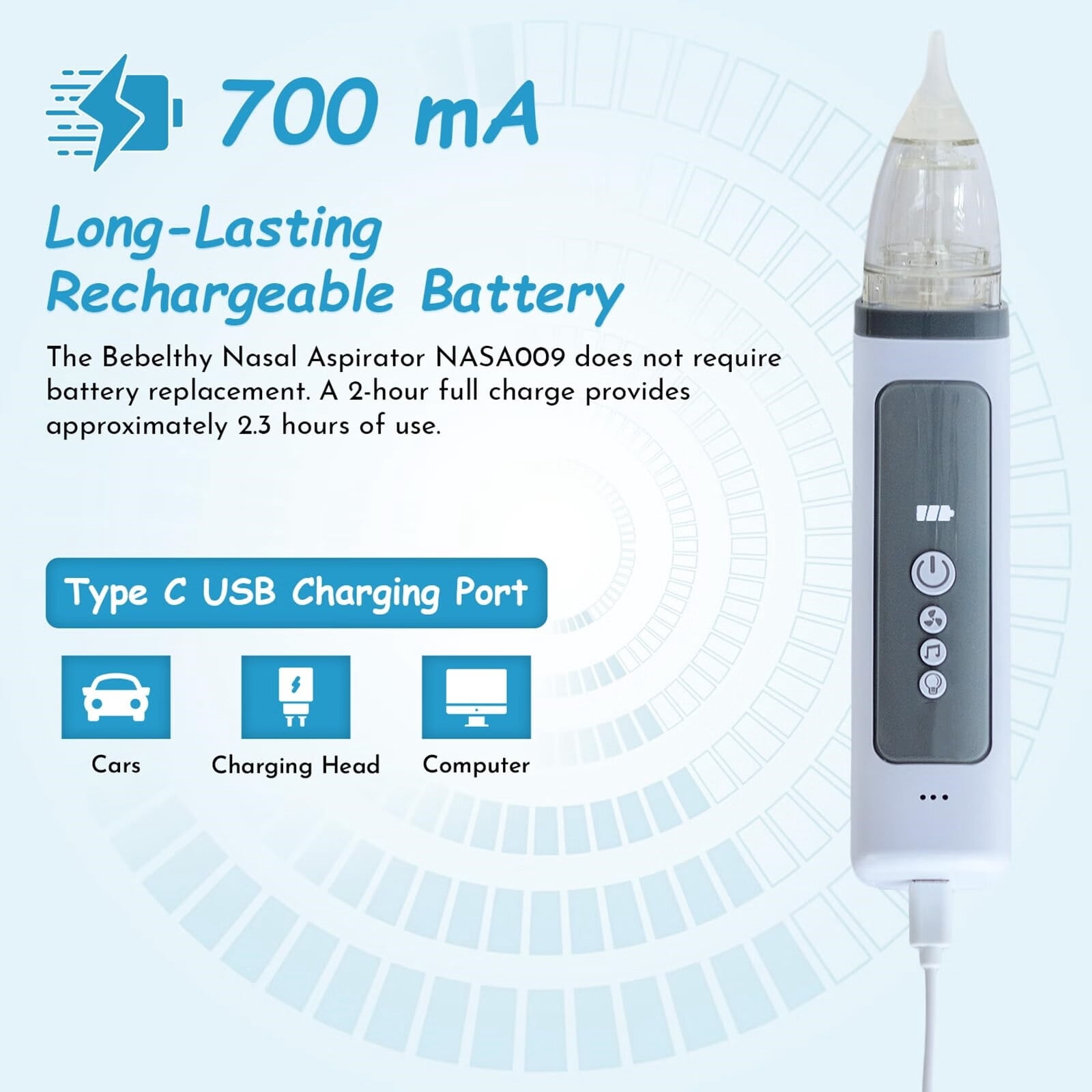 The nasal aspirator for baby has three levels of adjustable suction modes from weak to strong,quickly removes different types of nasal secretions (Choking milk,snot,etc)