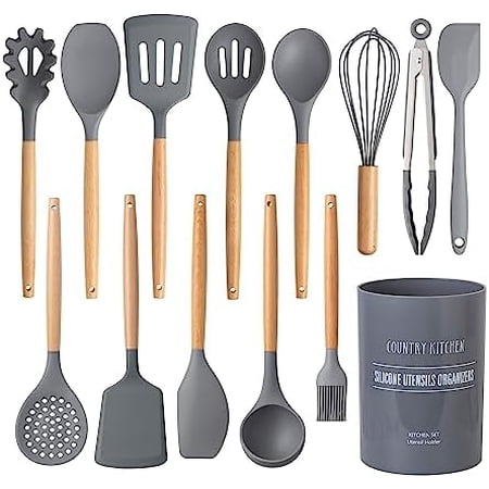 Non Stick Silicone Utensil Set with Rounded Wood Handles for Cooking and Baking, 14 Piece Set, Gray