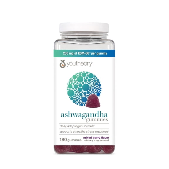 Youtheory Ashwagandha Gummy, Mixed Berry Flavor, 180 Vegetarian Gummies (60 Day Supply), Energy & Stress Support Supplement with Organic KSM-66 & Ginger Extract