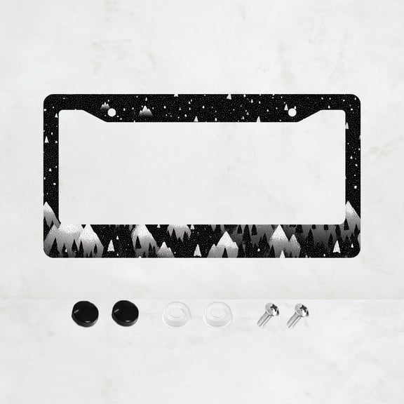 1pc Black 2-Hole License Plate Frame with Snowy Mountain Pattern, Aluminum Material, 6x12 Inches, Includes Screw Set, Retro Car Decoration, Novelty Gift, Fun Design, Standard US License Plate Size