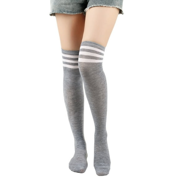 suxuMhao Knee High Socks, One Size Fits Most (Length 24in) Light Grey&White Polyester Stripes Long Socks, 3 Pairs Knee Socks – Suitable for Cheerleading team,Fall Daily Warmth & Outfit Matching​
