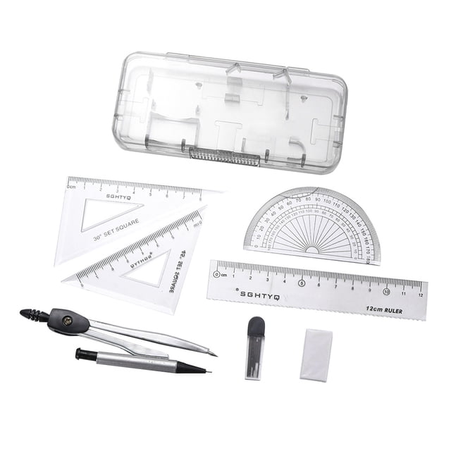 KAKOWELY 2 Sets of 12PCS Compasses Ruler Tool Set Geometry Drawing Tool Kit Automatic Pencil Lead Eraser Ruler Special Math Ruler Set for Students School (Silver),5.31"X1.57"X0.2"