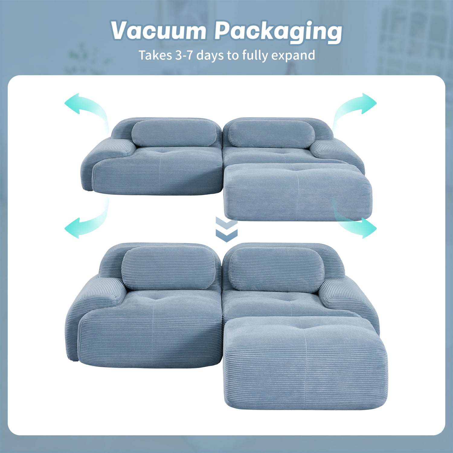 Hommoo 82" Luxury Corduroy Fabric Modular L-shaped Sofa, Multiple Combinations 2 Seater Sectional Sofa Couches with Curved Armrests, for Living Room Apartment, Blue
