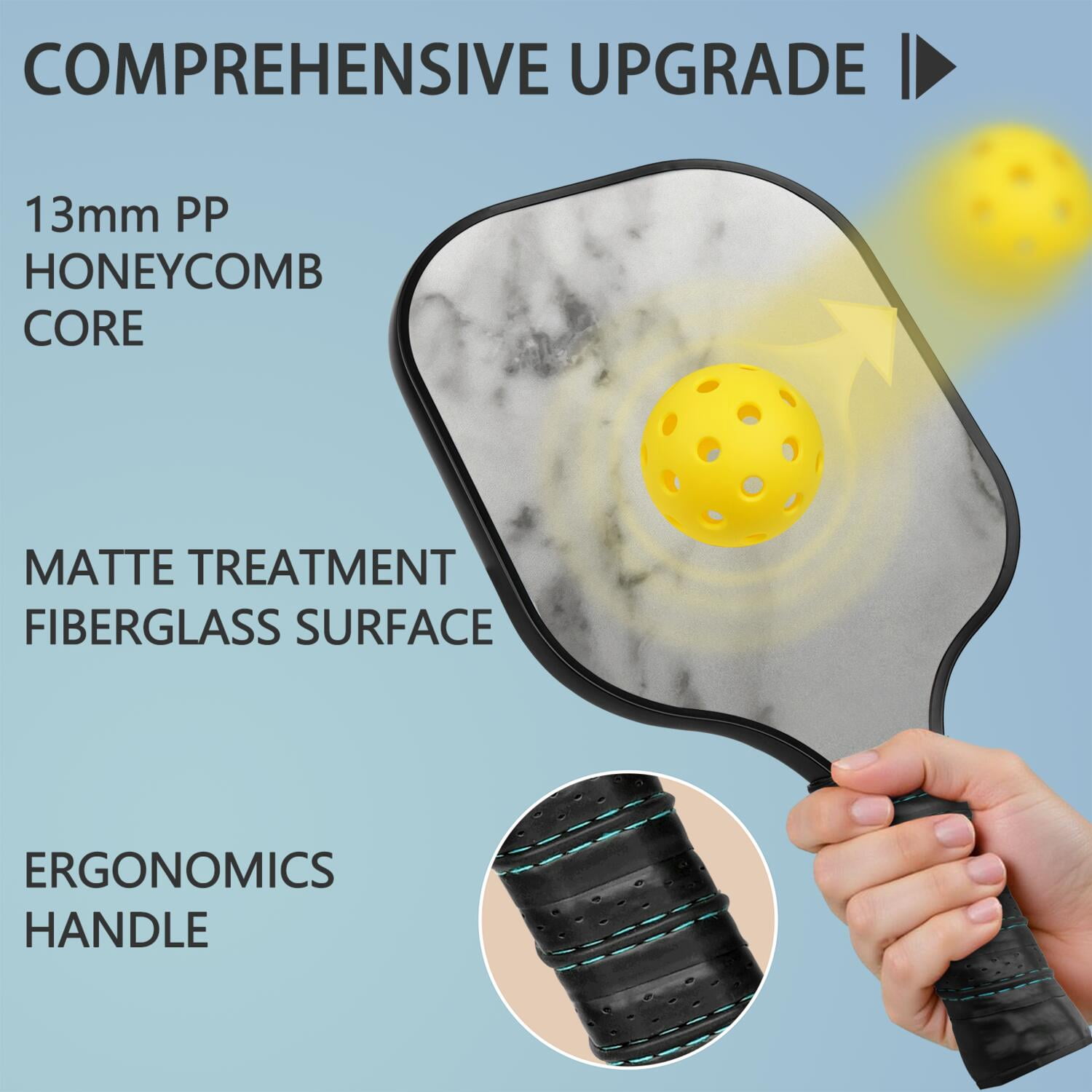 Pickleball Paddles Set Of 1, Fiberglass Surface, Turquoise Marble Pattern, 1 Paddle, 2 Balls & Bag