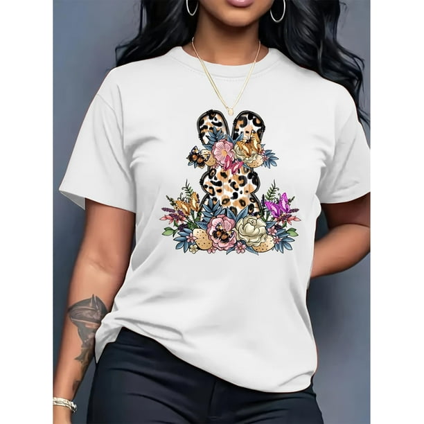 Women'S Easter Leopard Print Bunny & Floral Graphic Tee, Casual Crew Neck Short Sleeve T-Shirt, Polyester Knit Fabric, Medium Stretch, Spring/Summer/Fall Fashion Top, 180g/m²