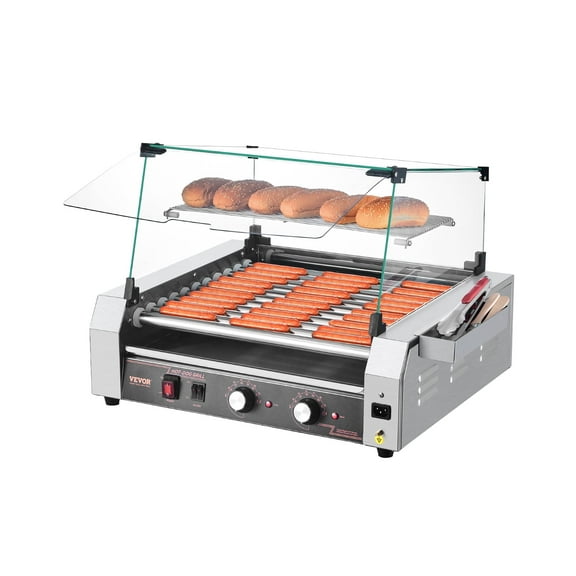 VEVOR Hot Dog Roller, 30 Hot Dog 11 Rollers, Stainless Steel Sausage Grill Cooker, 1600W Commercial Hot Dog Machine with Dual Temp Control, Cover, Side Storage Box, Removable Shelf & Oil Drip Tray