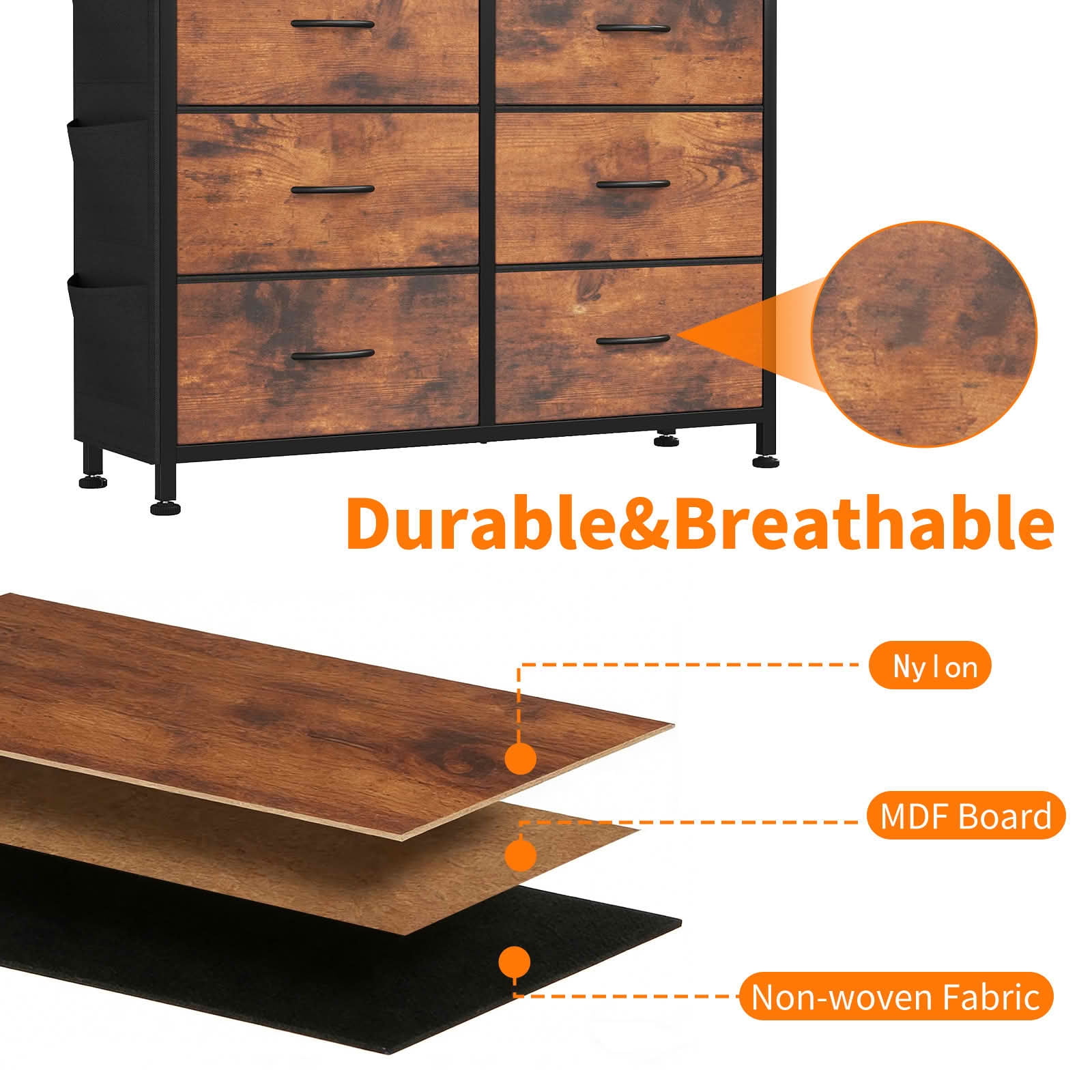 MAYEERTY 10-Drawer Storage Dresser, Cabinet with Side Pocket Hooks Wood Top for Bedroom Closet