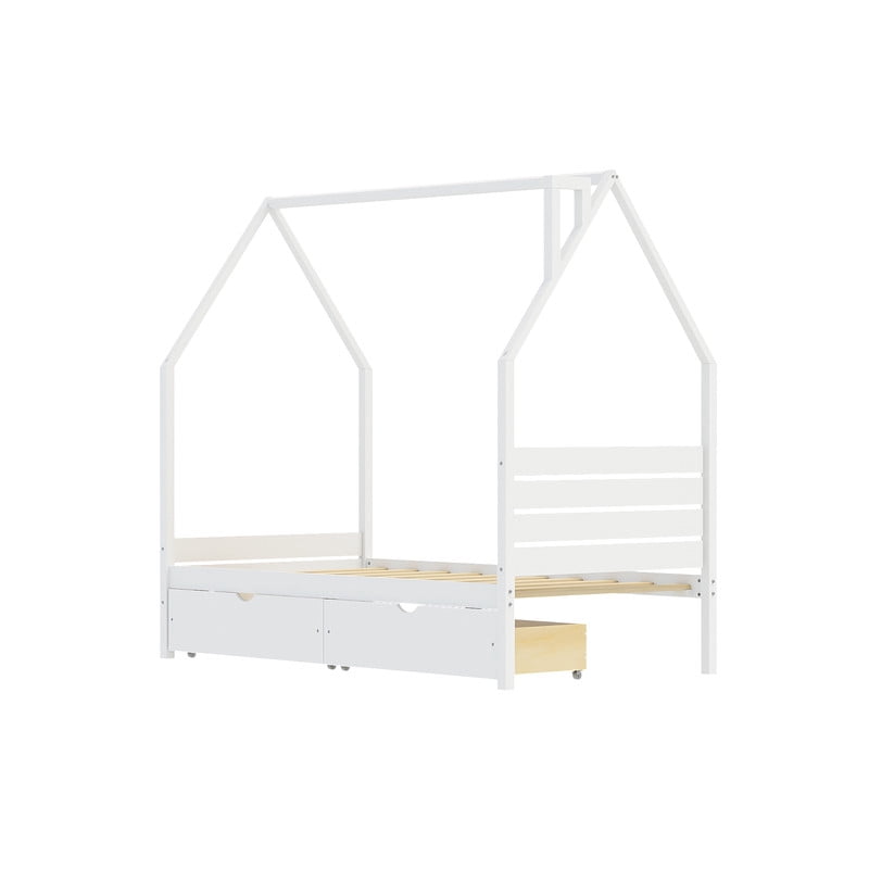 Twin Size Kids House Bed Frame, Montessori Child Floor Bed with 2 Storage Drawers, Wooden Low Profile Platform Bed