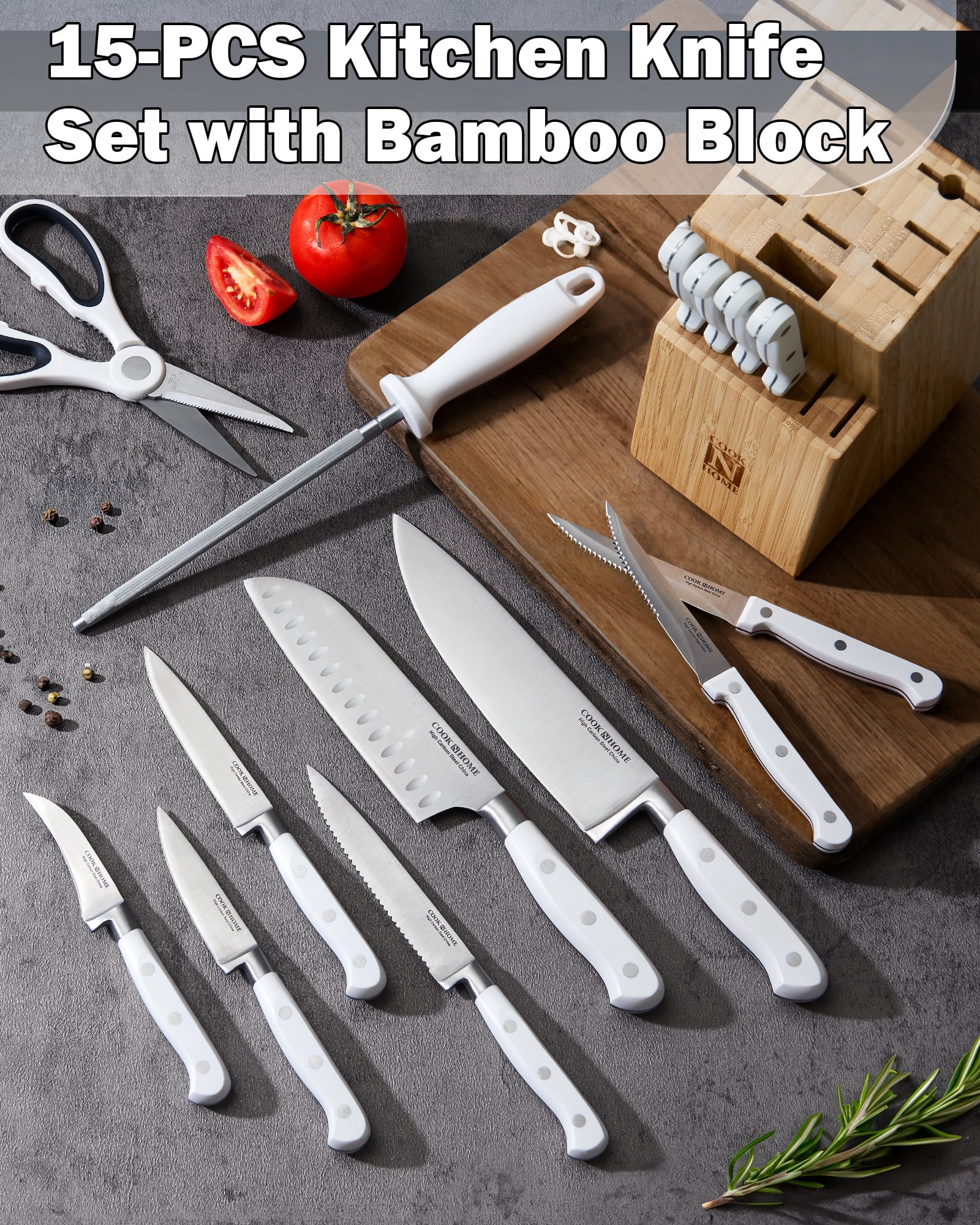 Cook N Home Kitchen Chefs Knife Set with Bamboo Storage Block 15-Piece, High Carbon Stainless Steel Blade, Ergonomic Handle,White