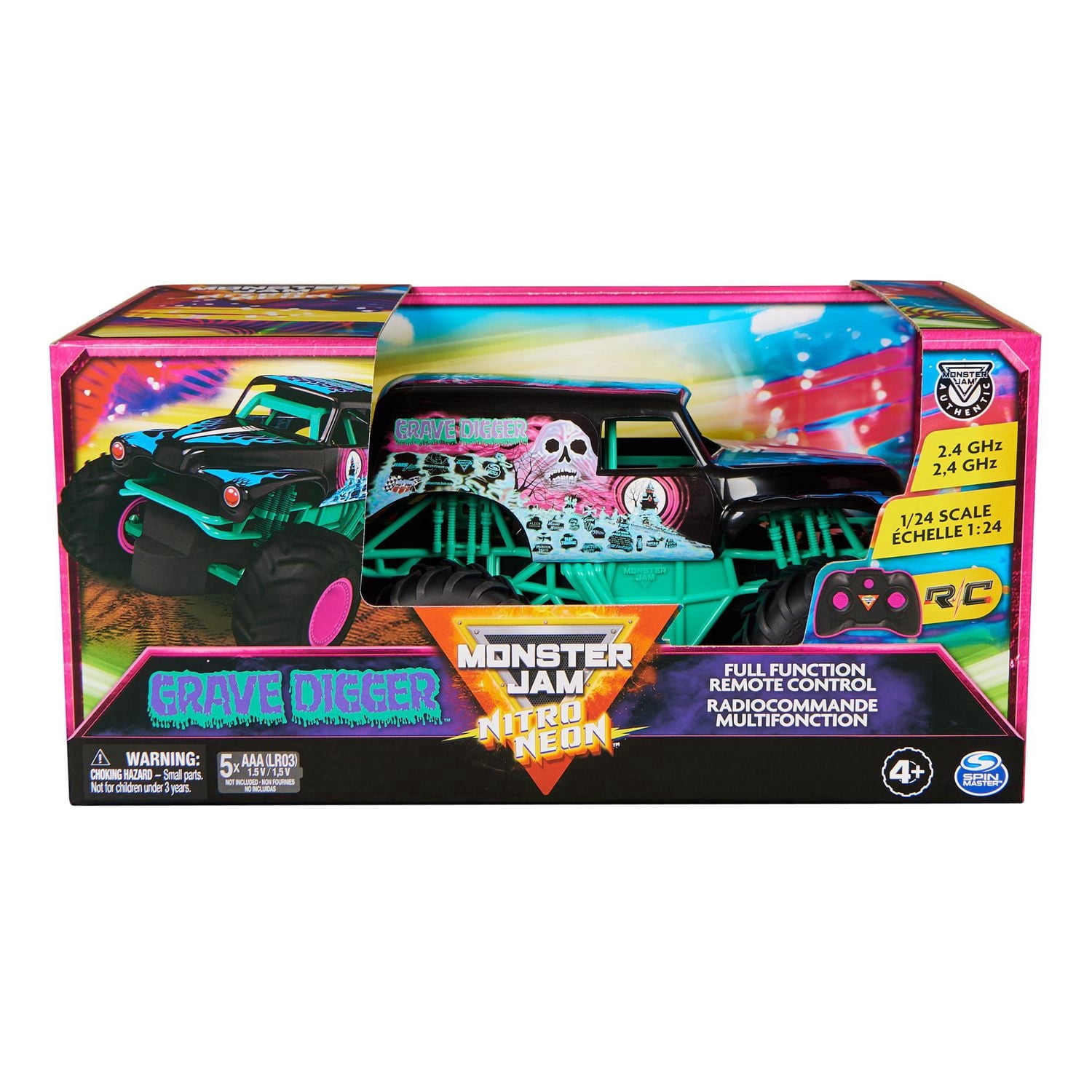 Monster Jam, Official Grave Digger Remote Control Monster Truck 1:24 Scale, 2.4GHz, Nitro Neon Themed, Kids Toys for Boys and Girls Ages 4 and up