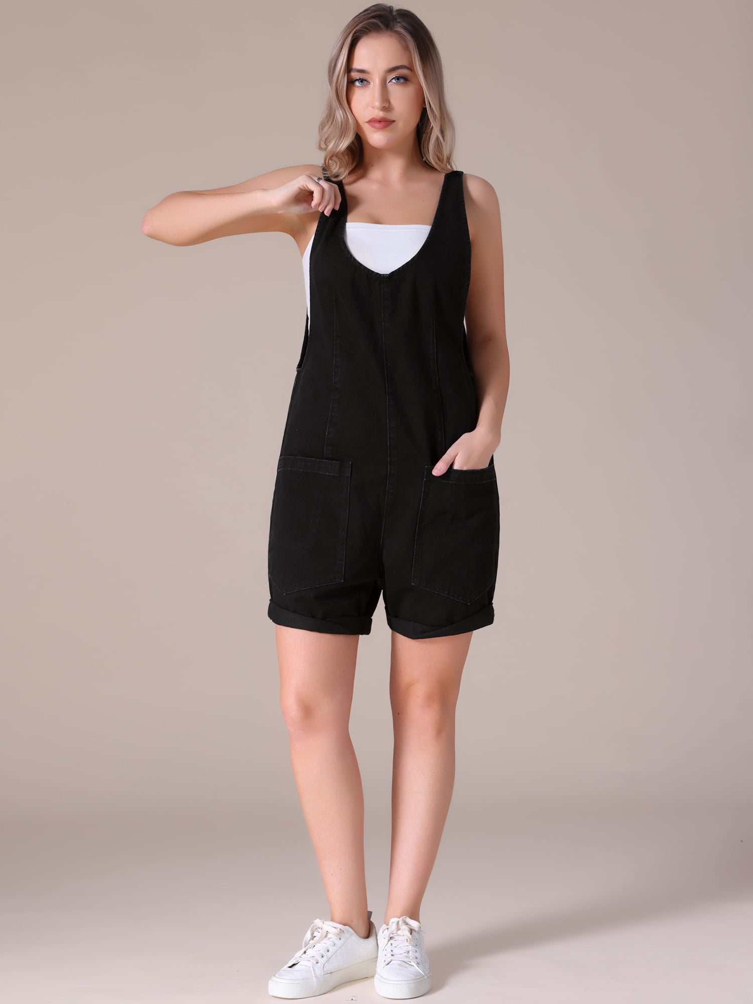 DARING DIVA Women's Denim Sleeveless Casual Loose Romper with Pockets S Black