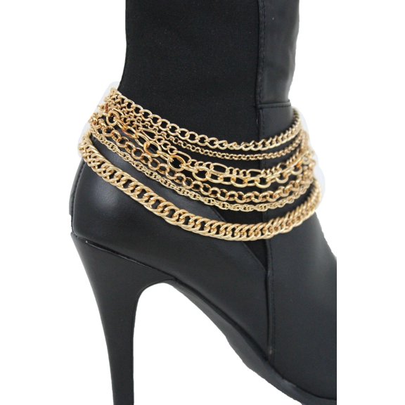 Women Gold Boot Chain Links Shoe Charm Multi Strands Waves Strap Western Style